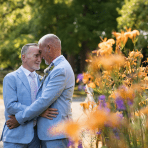 Grooms in blue suits take a moment to hold each other lovingly next to orange daylilies in the whimsical fairy garden at Gettysburg Battlefield Bed & Breakfast Inn and Wedding Venue in Adams County, PA. Gettysburg is an easy drive from Washington DC, Baltimore, and Philly, as well as being a beautiful road trip from NYC.